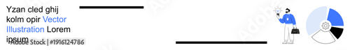 Data analysis, business strategy, decision-making, market trends, teamwork, goal setting. A professional with a briefcase and pie chart graphics. Data analysis and business strategy concept