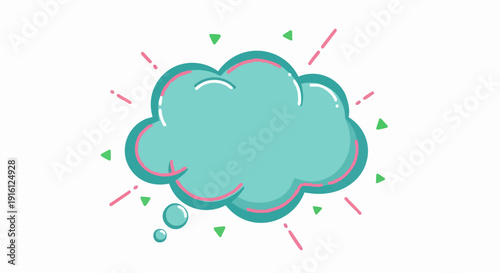 A bright teal thought bubble with pink and green accents.
