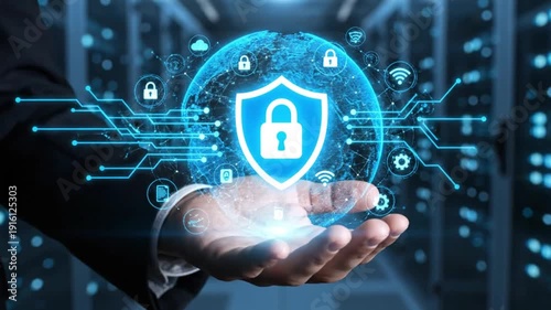 Wallpaper Mural Advanced cyber security concept showing a hand holding a glowing holographic shield lock icon over a digital globe in a high-tech server room. Torontodigital.ca
