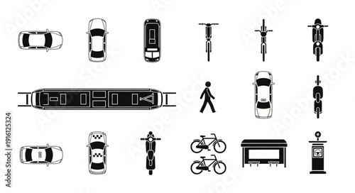 Top View Transportation Icons Set Vector Illustration.