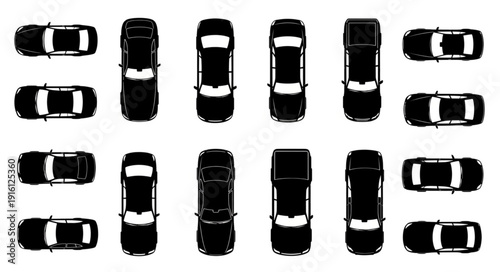 Collection of black car silhouettes seen from above.
