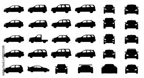Collection of car silhouettes in various models and views.