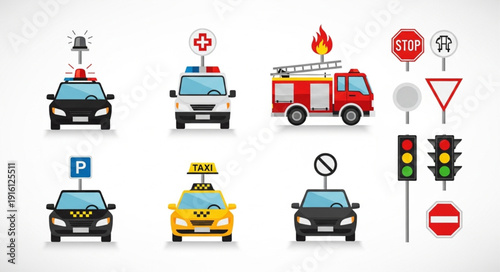Collection of emergency vehicles and traffic signs.
