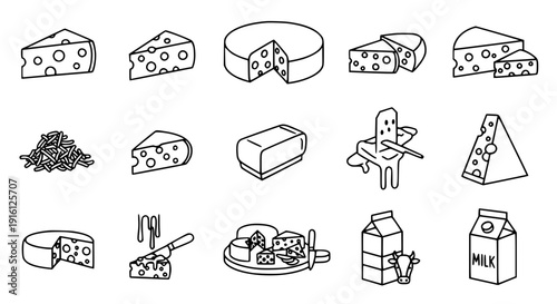 Minimal cheese and dairy flat line icon set black vector