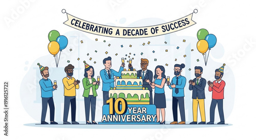 A colorful illustration of people celebrating a 10 year anniversary with a cake and balloons