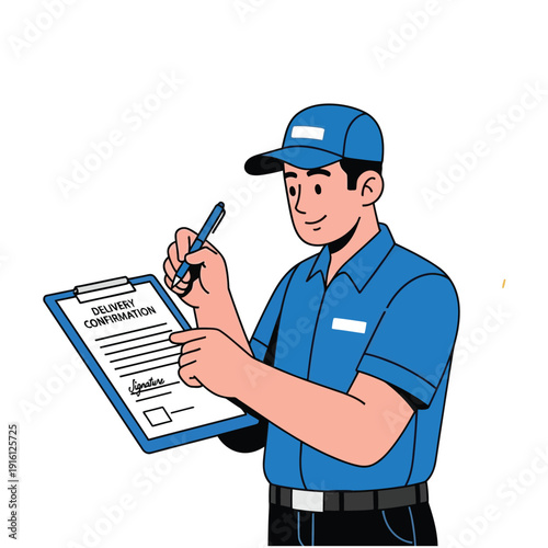 Delivery person in blue uniform signing a delivery confirmation document, illustrating logistics and service