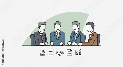 A vector graphic illustration of four businessmen in a meeting with documents and icons on the table