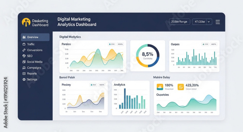 A digital marketing analytics dashboard displaying various charts and graphs on a computer screen