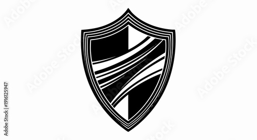 Black and white shield emblem with abstract lines.