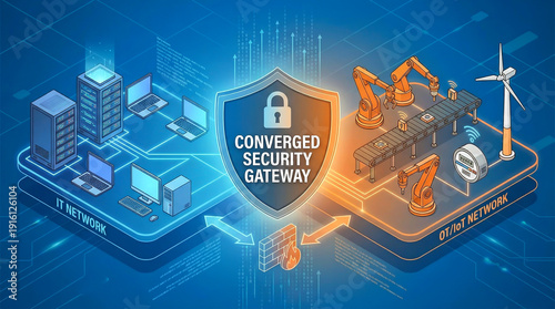 Industrial Cybersecurity Concept with Converged Security Gateway Protecting IT and OT IoT Networks in Digital Smart Factory