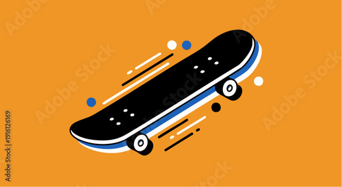 Black skateboard with blue trim on orange background.