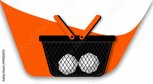 Black shopping basket with two white crumpled paper balls.