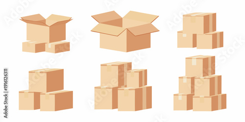 A collection of cardboard boxes in varying sizes and arrangements