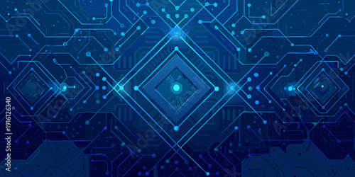 Abstract blue circuit board pattern with glowing diamond shapes