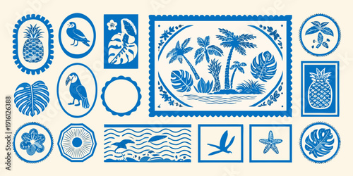 Blue and white tropical illustrations arranged in decorative frame shapes