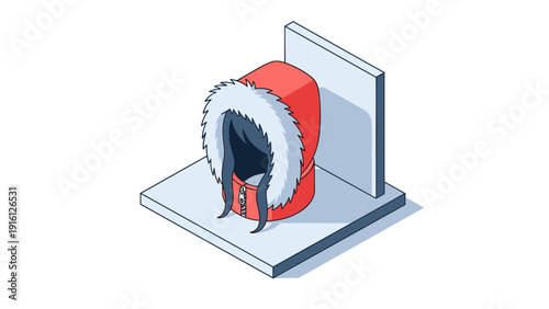 Isometric winter hooded jacket display with faux fur trim on platform