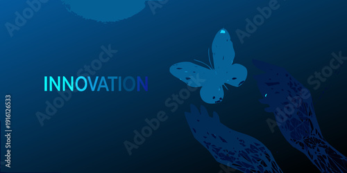 Hands holding a glowing butterfly with the word innovation displayed