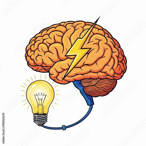 Brain With Light Bulb and Lightning Bolt Symbolizing Ideas.