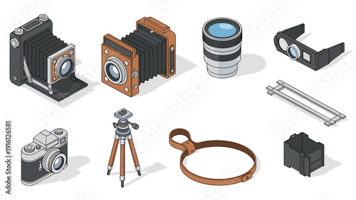 Isometric vintage photography equipment set with cameras and accessories