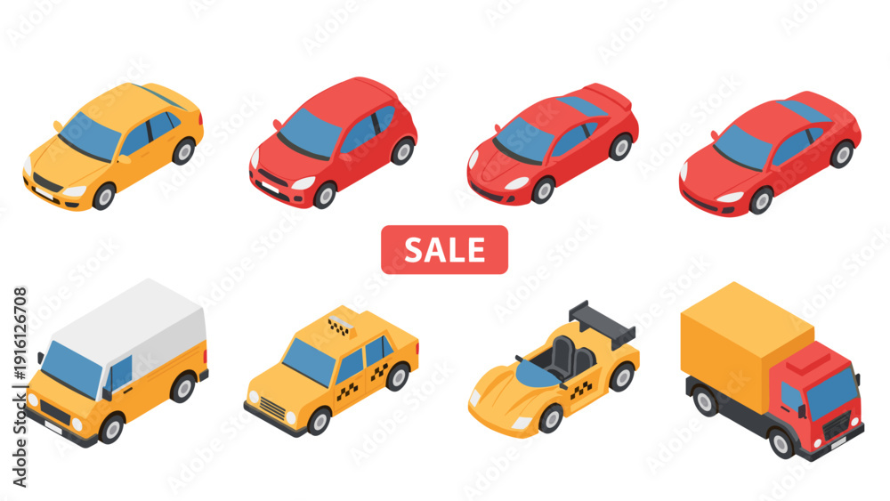 Naklejka premium Colorful isometric vehicle set with sale sign