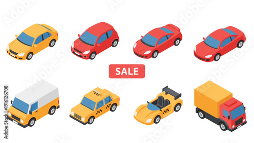 Colorful isometric vehicle set with sale sign