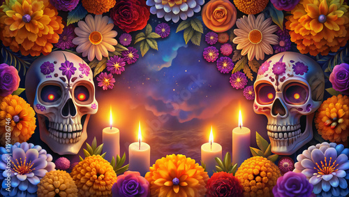Colorful sugar skulls surrounded by marigolds and candles at night  