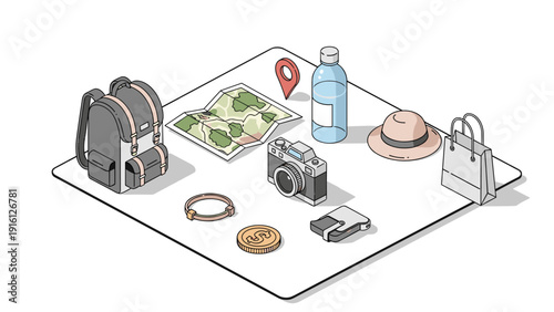 Isometric travel essentials: backpack, map, and camera on a white background