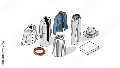 Isometric fashion collection: stylish clothing and accessories lineup on white background