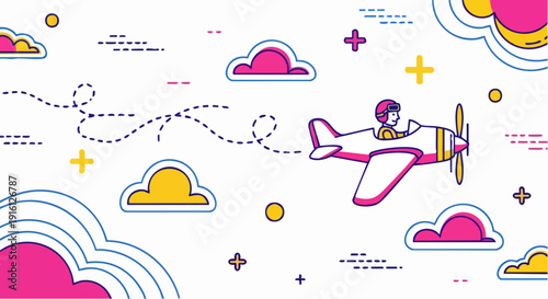 Cartoon pilot flying a small airplane through the sky.