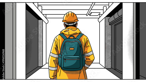 Construction worker with backpack in urban setting highlighting safety gear
