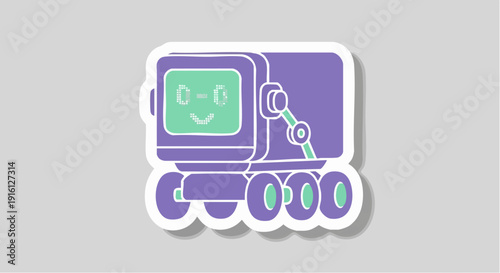 Cute cartoon robot with wheels and happy face.