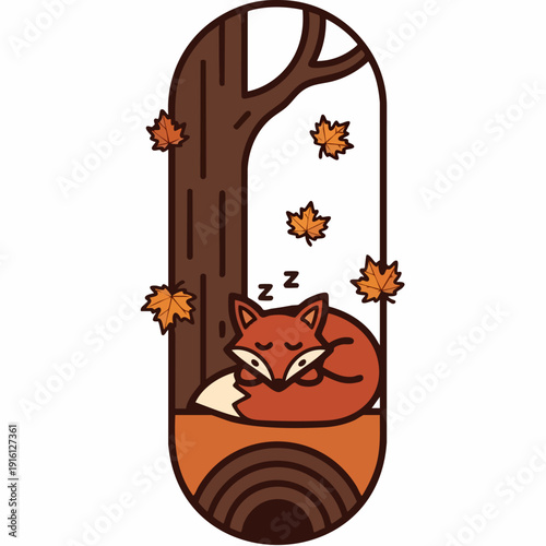 Cute sleeping fox curled up in autumn forest scene.