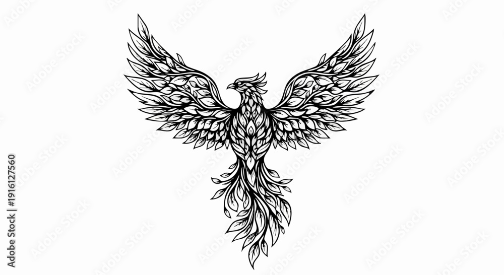 Obraz premium Detailed Black and White Phoenix Bird Illustration with Spread Wings.