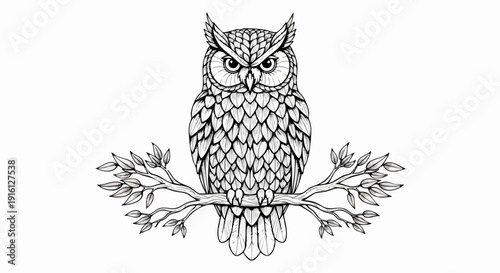 Detailed Black and White Illustration of an Owl Perched on a Branch.