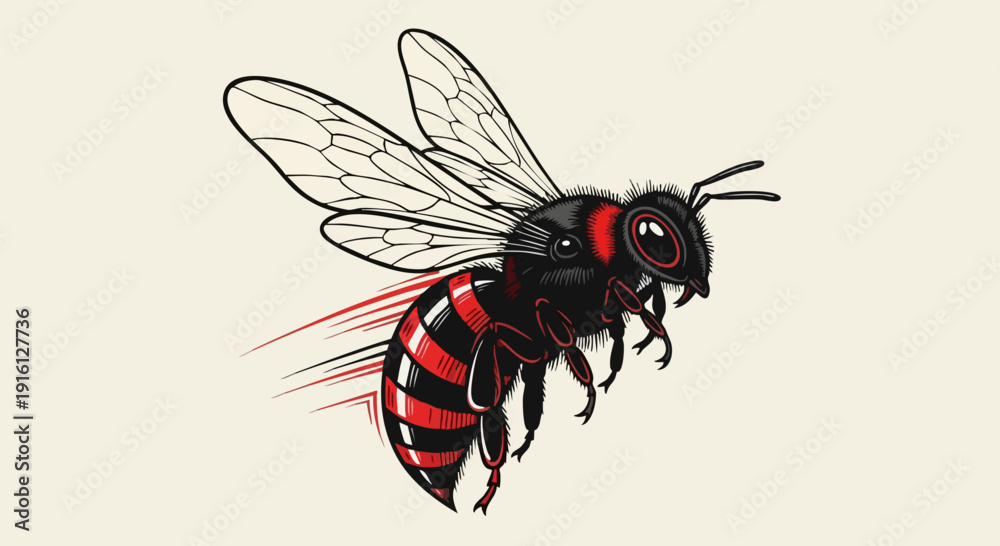 Obraz premium Detailed Illustration of a Flying Bee with Red and Black Stripes.