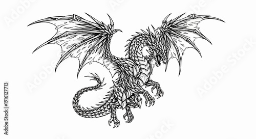 Detailed illustration of a fearsome dragon with large wings.