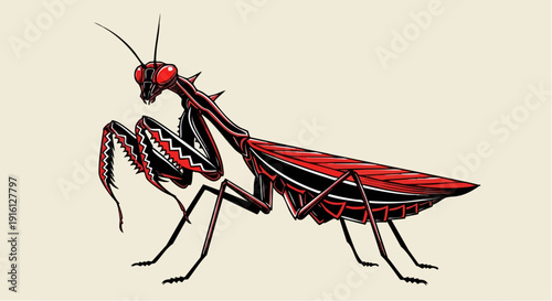 Detailed Illustration of a Red and Black Praying Mantis Insect.