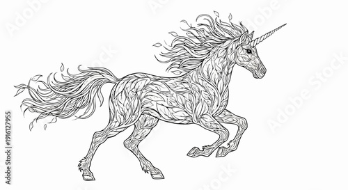 Detailed Line Art Drawing of a Majestic Unicorn Galloping.