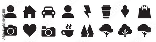  collection of black icons symbolizing daily objects