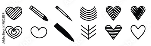 collection of black and white doodle icons featuring