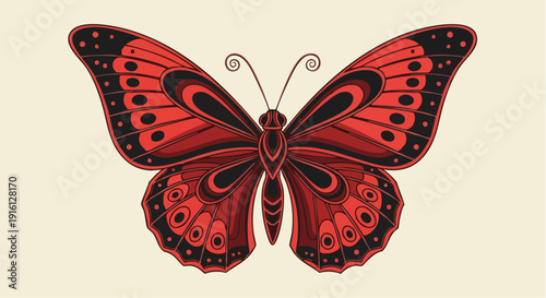 Detailed Vintage Red Butterfly Illustration with Intricate Wing Patterns.