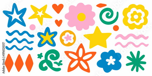 Colorful collection of playful whimsical shapes and floral inspired designs