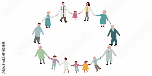 Diverse group of people including children and seniors holding hands in a circle