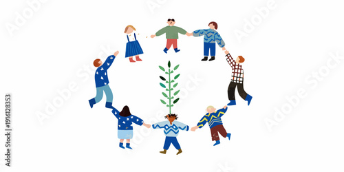 A group of people holding hands in a circle around a small tree