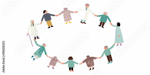 A diverse group of people holding hands in a circle formation