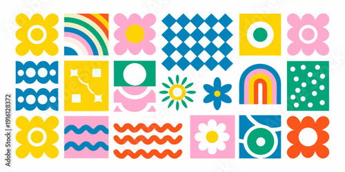 A colorful arrangement of geometric and floral patterned squares