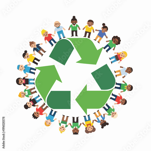 Diverse children circle around recycling symbol promoting environmental awareness.