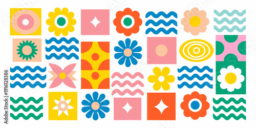 Retro floral pattern with colorful shapes and wavy lines