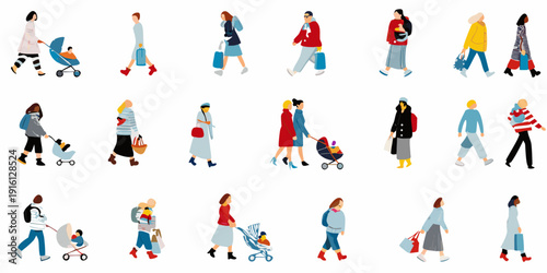 Diverse group of stylized people walking in various outfits and poses