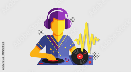 DJ playing music on turntable with headphones and vinyl record.